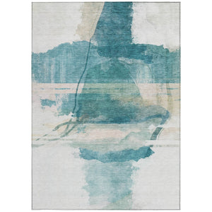HomeRoots 5' Teal Blue & Ivory Abstract Washable Area Rug - Indoor/Outdoor, Slip-Resistant & Stain-Resistant! 629774