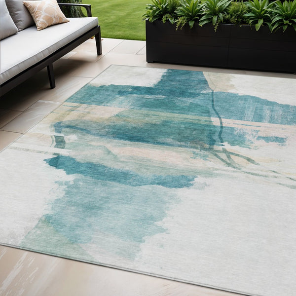 HomeRoots 5' Teal Blue & Ivory Abstract Washable Area Rug - Indoor/Outdoor, Slip-Resistant & Stain-Resistant! 629774