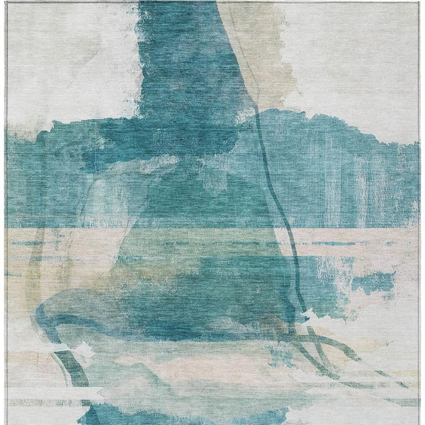 HomeRoots 5' Teal Blue & Ivory Abstract Washable Area Rug - Indoor/Outdoor, Slip-Resistant & Stain-Resistant! 629774