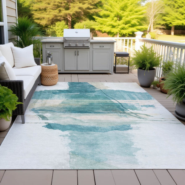 HomeRoots 5' Teal Blue & Ivory Abstract Washable Area Rug - Indoor/Outdoor, Slip-Resistant & Stain-Resistant! 629774