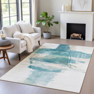 HomeRoots 5' Teal Blue & Ivory Abstract Washable Area Rug - Indoor/Outdoor, Slip-Resistant & Stain-Resistant! 629774