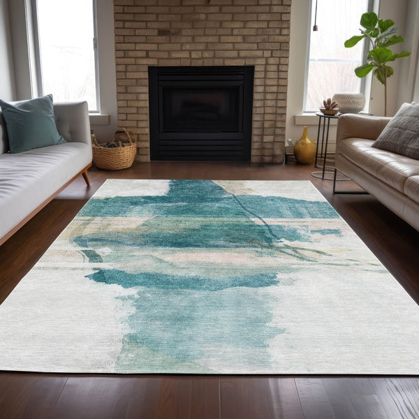HomeRoots 5' Teal Blue & Ivory Abstract Washable Area Rug - Indoor/Outdoor, Slip-Resistant & Stain-Resistant! 629774