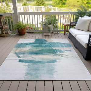 HomeRoots 5' Teal Blue & Ivory Abstract Washable Area Rug - Indoor/Outdoor, Slip-Resistant & Stain-Resistant! 629774