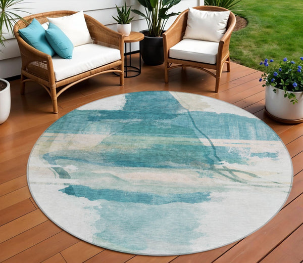 HomeRoots 8' Teal Blue and Ivory Round Rug - Stylish, Washable Indoor/Outdoor Area Rug for Modern Spaces 629775