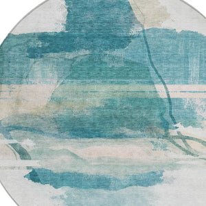 HomeRoots 8' Teal Blue and Ivory Round Rug - Stylish, Washable Indoor/Outdoor Area Rug for Modern Spaces 629775