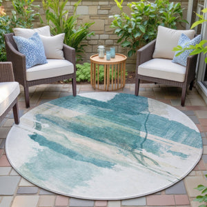 HomeRoots 8' Teal Blue and Ivory Round Rug - Stylish, Washable Indoor/Outdoor Area Rug for Modern Spaces 629775