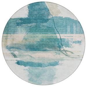 HomeRoots 8' Teal Blue and Ivory Round Rug - Stylish, Washable Indoor/Outdoor Area Rug for Modern Spaces 629775
