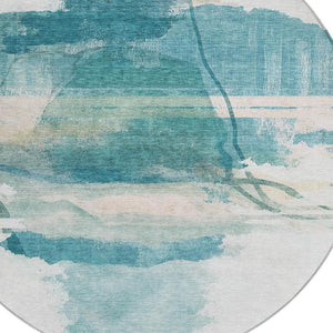HomeRoots 8' Teal Blue and Ivory Round Rug - Stylish, Washable Indoor/Outdoor Area Rug for Modern Spaces 629775
