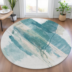 HomeRoots 8' Teal Blue and Ivory Round Rug - Stylish, Washable Indoor/Outdoor Area Rug for Modern Spaces 629775