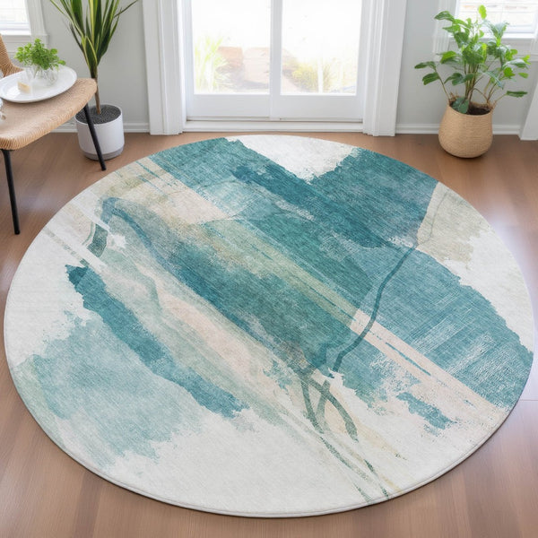 HomeRoots 8' Teal Blue and Ivory Round Rug - Stylish, Washable Indoor/Outdoor Area Rug for Modern Spaces 629775