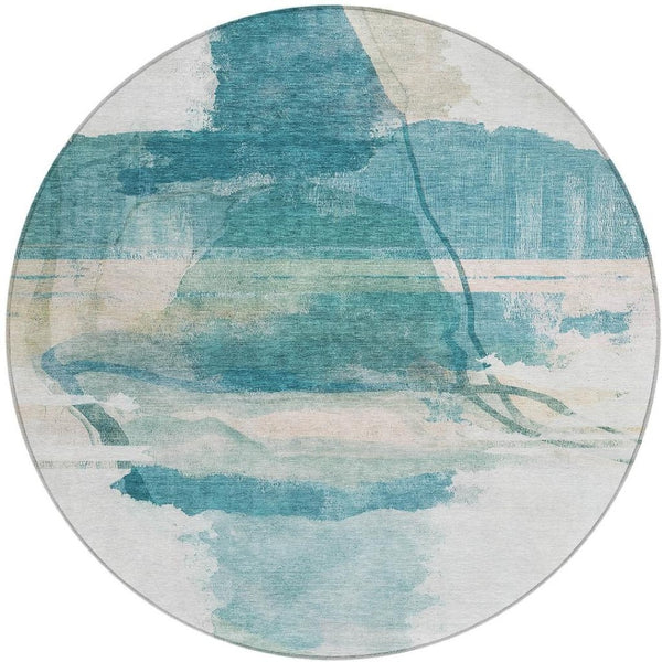 HomeRoots 8' Teal Blue and Ivory Round Rug - Stylish, Washable Indoor/Outdoor Area Rug for Modern Spaces 629775