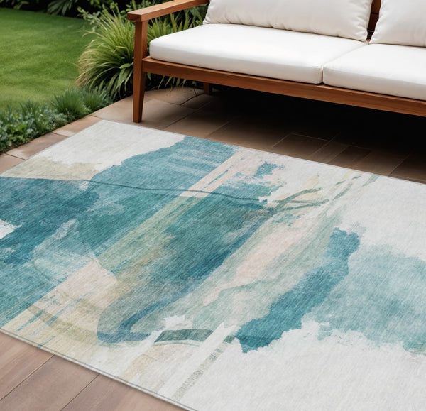 HomeRoots 8' X 10' Teal Blue And Ivory Abstract Area Rug - Washable, Durable, Stylish for Indoor/Outdoor Spaces 629776