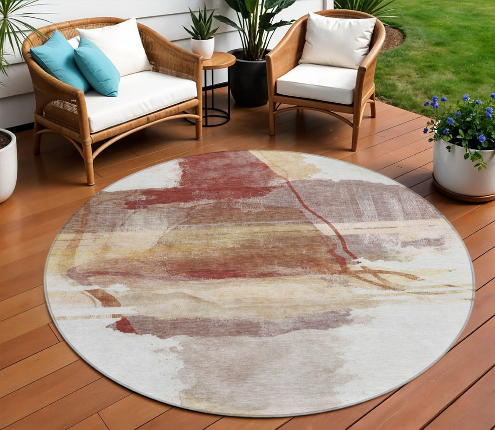 HomeRoots 8' Terra Cotta & Ivory Round Area Rug – Stylish, Washable, Stain-Resistant for Indoor/Outdoor Use 629781