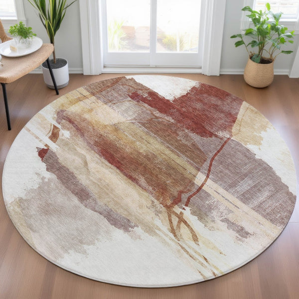 HomeRoots 8' Terra Cotta & Ivory Round Area Rug – Stylish, Washable, Stain-Resistant for Indoor/Outdoor Use 629781