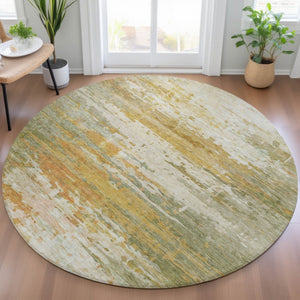 HomeRoots 8' Modern Artichoke Green & Gold Round Abstract Area Rug - Washable, Indoor/Outdoor, Stain-Resistant 629787