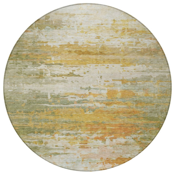 HomeRoots 8' Modern Artichoke Green & Gold Round Abstract Area Rug - Washable, Indoor/Outdoor, Stain-Resistant 629787
