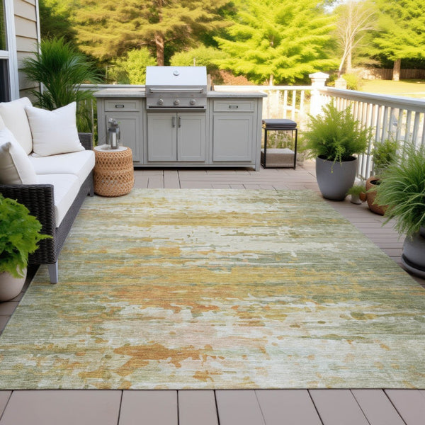 HomeRoots 8' X 10' Artichoke Green & Gold Abstract Washable Area Rug – Stylish, Durable for Indoor & Outdoor Use 629788