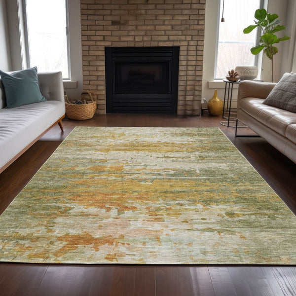 HomeRoots 8' X 10' Artichoke Green & Gold Abstract Washable Area Rug – Stylish, Durable for Indoor & Outdoor Use 629788