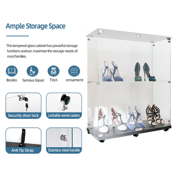 English Elm Tempered Glass Display Cabinet With Bluetooth Led Light, Lockable Casters & Versatile Storage Solutions W3155P290423-GIGA