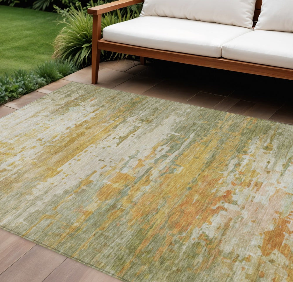 HomeRoots 10' Artichoke Green & Gold Abstract Washable Area Rug – Stylish, Durable, Indoor & Outdoor Versatile Carpet 629790