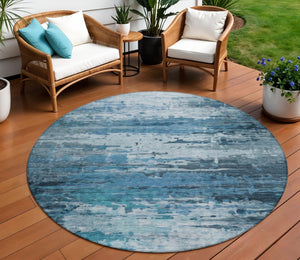 HomeRoots 8' Blue and Ivory Round Abstract Rug - Stylish, Washable, Durable for Indoor & Outdoor Spaces! 629793