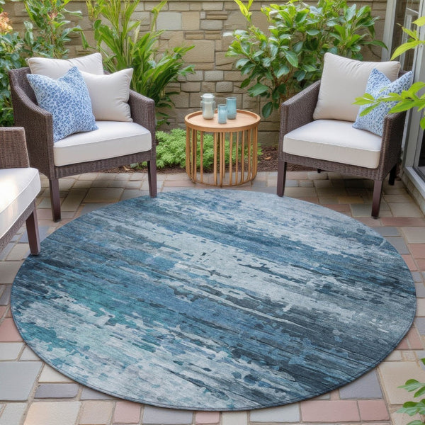HomeRoots 8' Blue and Ivory Round Abstract Rug - Stylish, Washable, Durable for Indoor & Outdoor Spaces! 629793