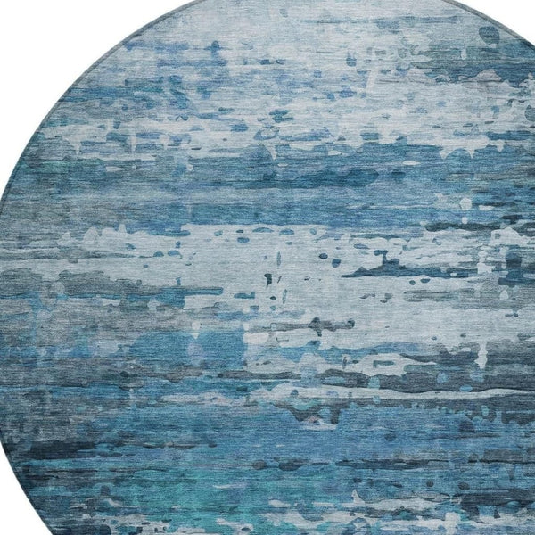 HomeRoots 8' Blue and Ivory Round Abstract Rug - Stylish, Washable, Durable for Indoor & Outdoor Spaces! 629793