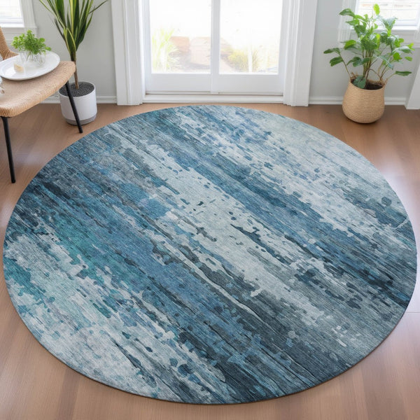 HomeRoots 8' Blue and Ivory Round Abstract Rug - Stylish, Washable, Durable for Indoor & Outdoor Spaces! 629793