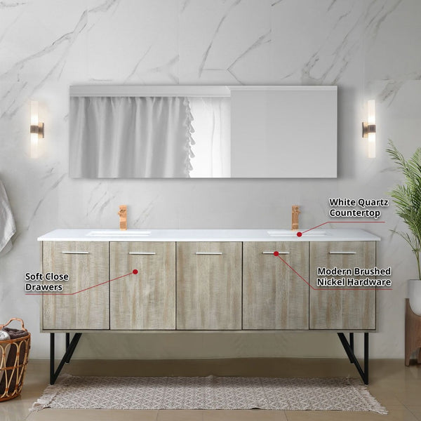 English Elm Rustic Acacia 80-Inch Double Bath Vanity With White Quartz Top, Rose Gold Faucets & 70-Inch Mirror B2731S01678-GIGA