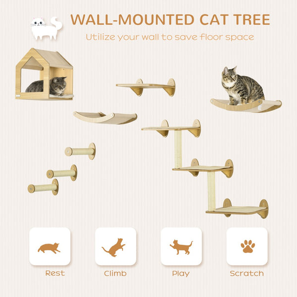 English Elm Pawhut Wall Mounted Cat Climbing Set with Hammock Perches Scratching Post and Plush Nest W2225P229218