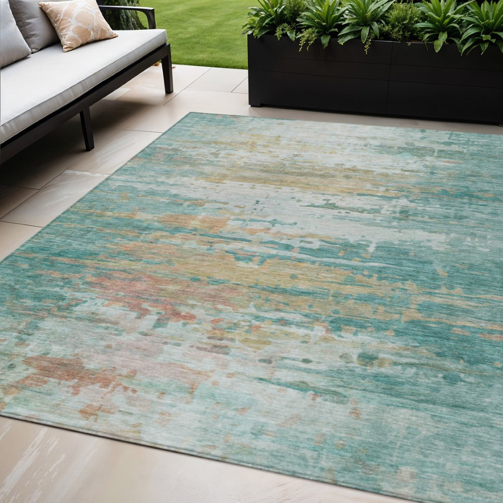 HomeRoots 5' Abstract Teal Blue and Beige Washable Area Rug for Indoor/Outdoor Use – Stylish & Durable Design 629810