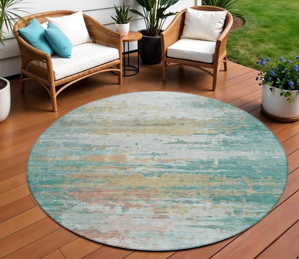 HomeRoots 8' Teal Blue & Beige Round Abstract Rug – Stylish, Washable, Indoor/Outdoor Durable Design for All Spaces 629811