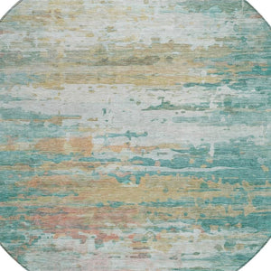 HomeRoots 8' Teal Blue & Beige Round Abstract Rug – Stylish, Washable, Indoor/Outdoor Durable Design for All Spaces 629811