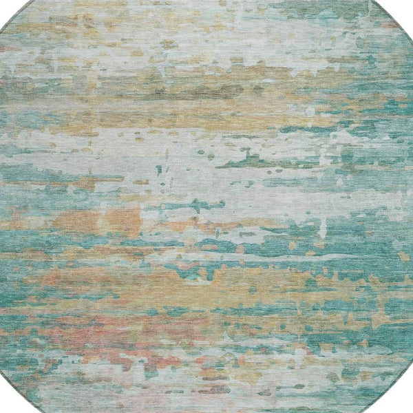 HomeRoots 8' Teal Blue & Beige Round Abstract Rug – Stylish, Washable, Indoor/Outdoor Durable Design for All Spaces 629811