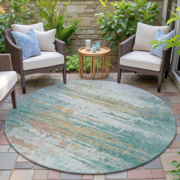 HomeRoots 8' Teal Blue & Beige Round Abstract Rug – Stylish, Washable, Indoor/Outdoor Durable Design for All Spaces 629811