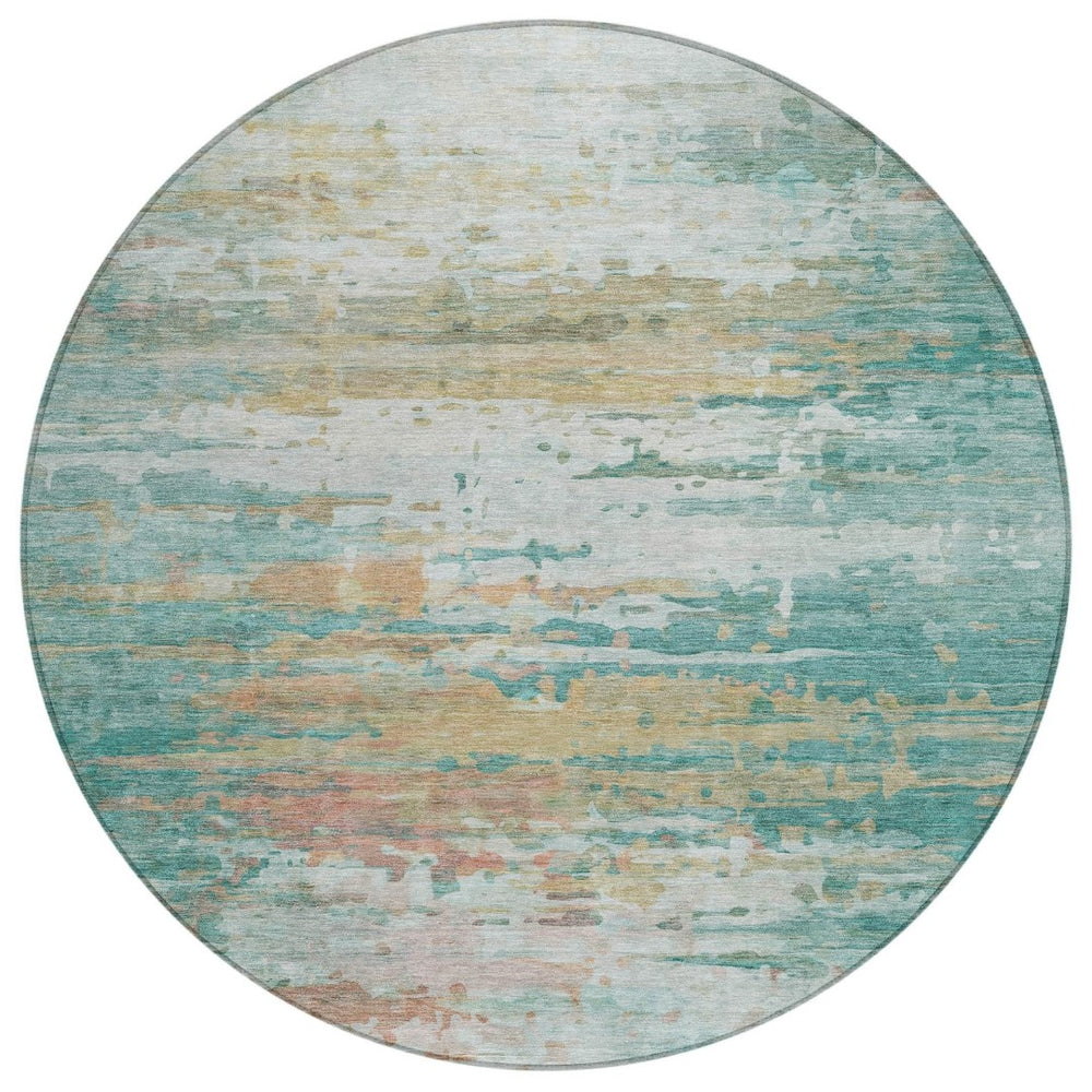 HomeRoots 8' Teal Blue & Beige Round Abstract Rug – Stylish, Washable, Indoor/Outdoor Durable Design for All Spaces 629811