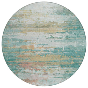 HomeRoots 8' Teal Blue & Beige Round Abstract Rug – Stylish, Washable, Indoor/Outdoor Durable Design for All Spaces 629811