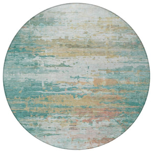 HomeRoots 8' Teal Blue & Beige Round Abstract Rug – Stylish, Washable, Indoor/Outdoor Durable Design for All Spaces 629811