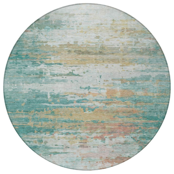 HomeRoots 8' Teal Blue & Beige Round Abstract Rug – Stylish, Washable, Indoor/Outdoor Durable Design for All Spaces 629811