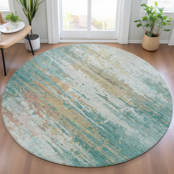 HomeRoots 8' Teal Blue & Beige Round Abstract Rug – Stylish, Washable, Indoor/Outdoor Durable Design for All Spaces 629811