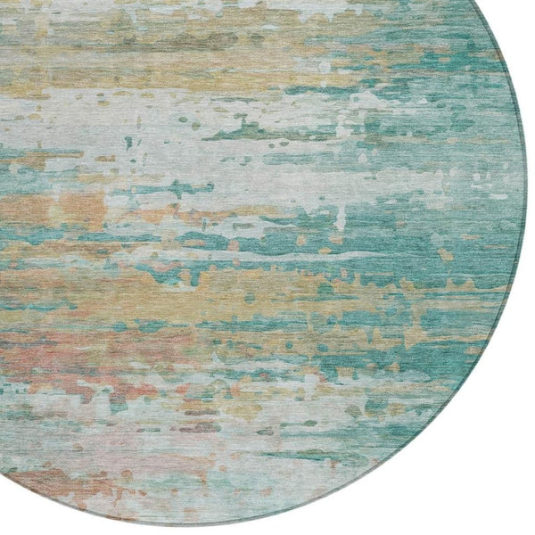 HomeRoots 8' Teal Blue & Beige Round Abstract Rug – Stylish, Washable, Indoor/Outdoor Durable Design for All Spaces 629811