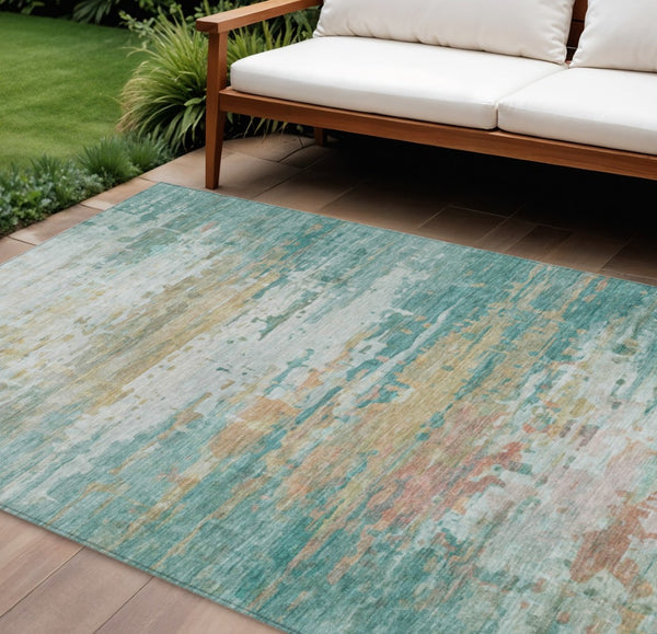 HomeRoots 8' X 10' Teal Blue and Beige Abstract Area Rug - Durable, Washable Indoor/Outdoor Design for Any Space 629812