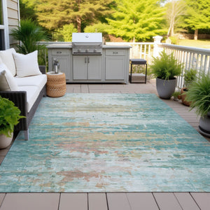 HomeRoots 9' X 12' Teal Blue & Beige Abstract Area Rug – Washable, Stain-Resistant for Indoor & Outdoor Use! 629813