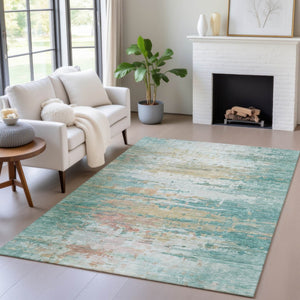 HomeRoots 9' X 12' Teal Blue & Beige Abstract Area Rug – Washable, Stain-Resistant for Indoor & Outdoor Use! 629813