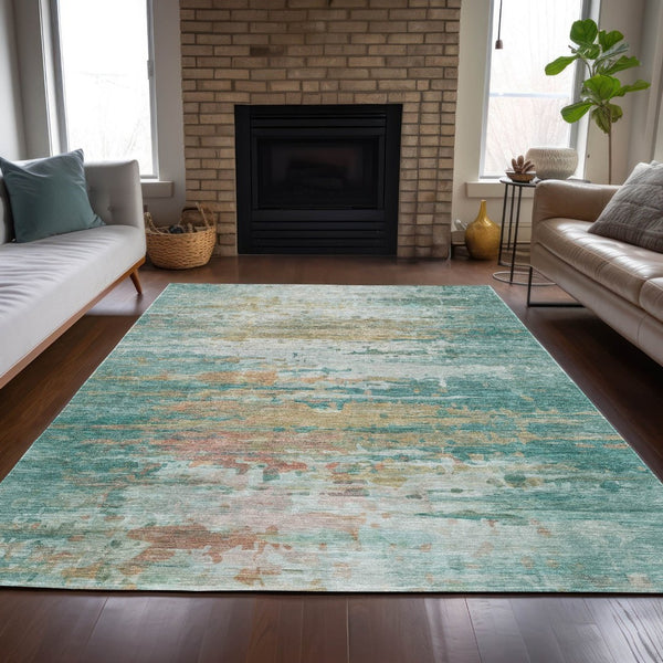 HomeRoots 9' X 12' Teal Blue & Beige Abstract Area Rug – Washable, Stain-Resistant for Indoor & Outdoor Use! 629813