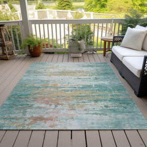 HomeRoots 9' X 12' Teal Blue & Beige Abstract Area Rug – Washable, Stain-Resistant for Indoor & Outdoor Use! 629813