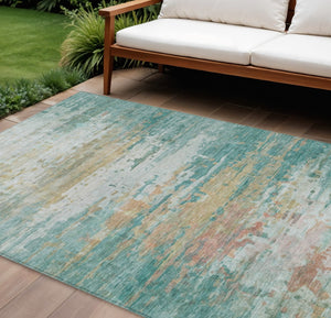 HomeRoots 10' Teal Blue & Beige Abstract Washable Area Rug - Stylish Indoor/Outdoor Design for High Traffic Spaces 629814