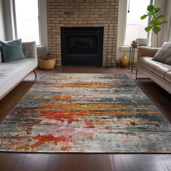 HomeRoots 5' Terra Cotta & Beige Abstract Washable Area Rug - Versatile Indoor/Outdoor Style for High Traffic 629816