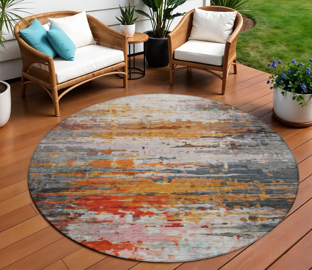 HomeRoots 8' Round Abstract Area Rug in Terra Cotta & Beige – Washable, Durable, Indoor/Outdoor Style! 629817