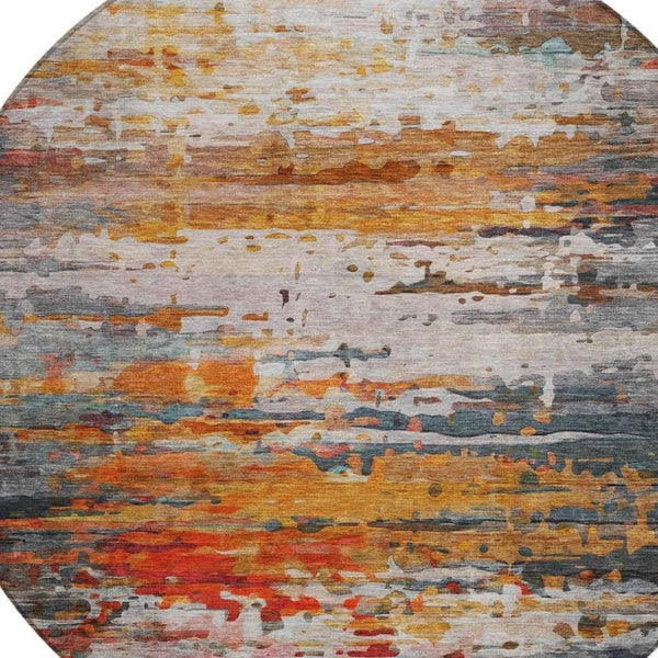 HomeRoots 8' Round Abstract Area Rug in Terra Cotta & Beige – Washable, Durable, Indoor/Outdoor Style! 629817